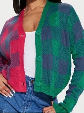 Two-Tone Pink & Green Plaid Button-Front Women's Cardigan